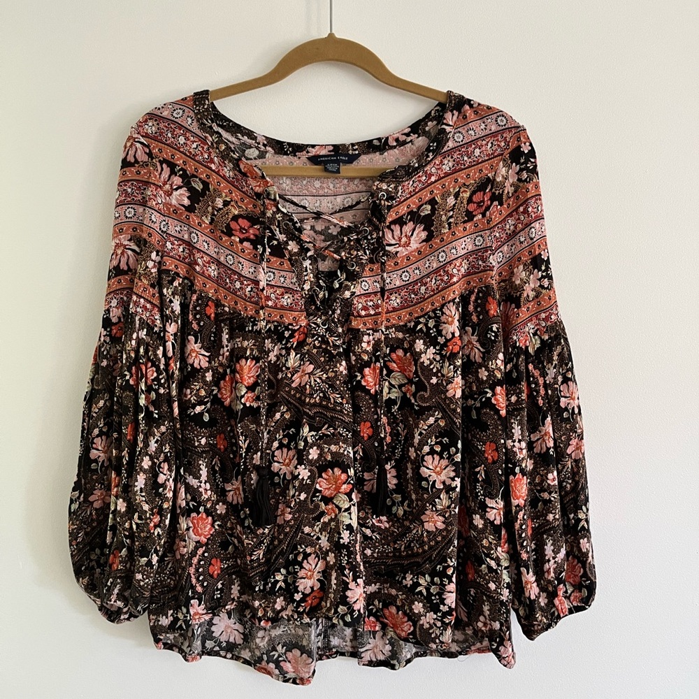 American Eagle Boho Floral Print Blouse/ Small